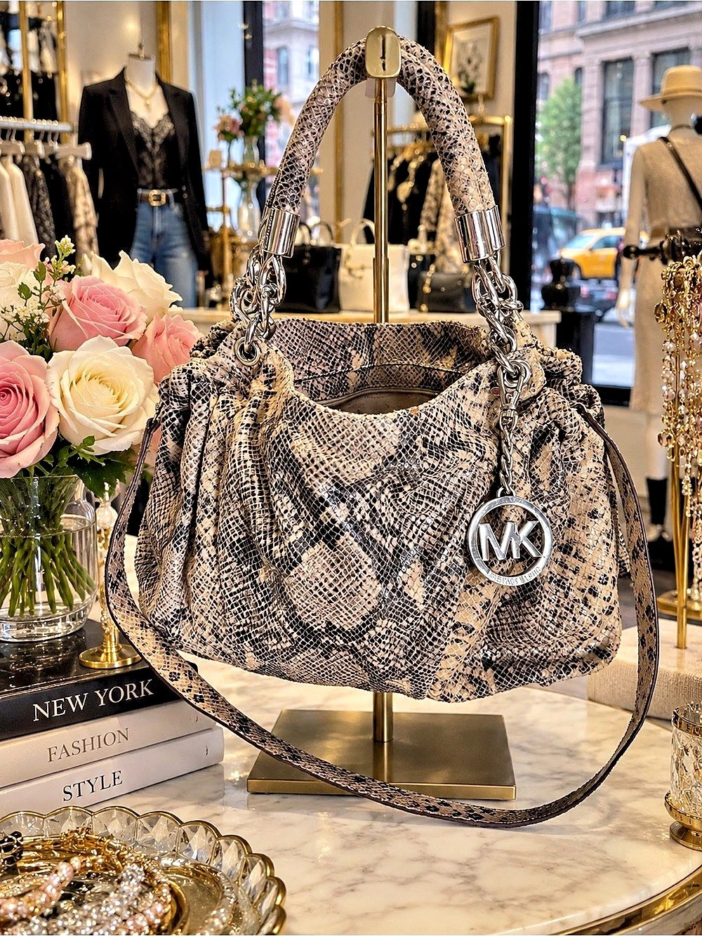 Michael Kors Fulton Python Embossed Leather Hobo Bag Brown & Black